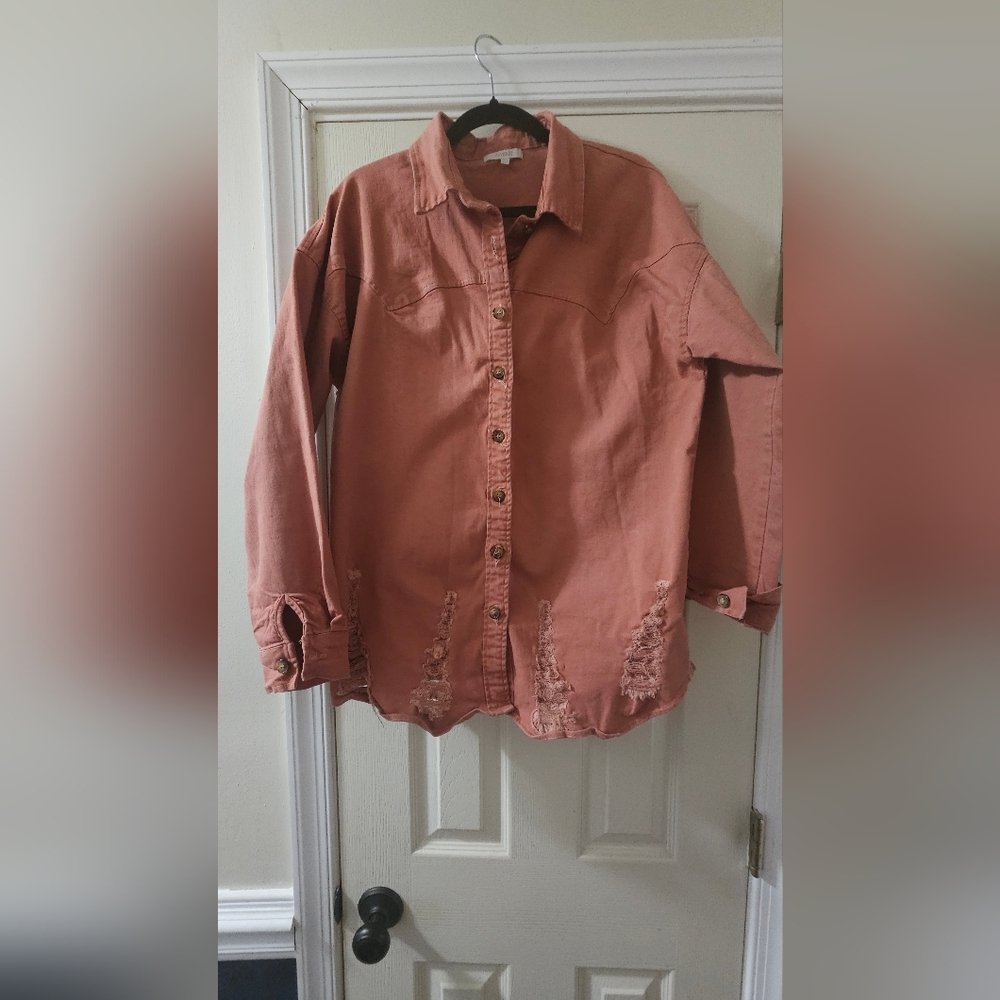 Women's Distressed  Button Down Shirt in Rust